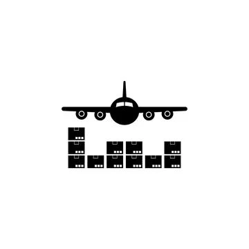 A simple black and white icon depicting a cargo airplane flying above a gro.. Stock Illustration