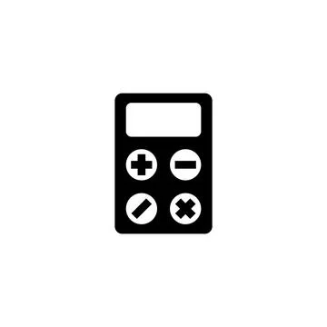 A simple black and white icon depicting a stylized calculator with basic ma.. Stock Illustration