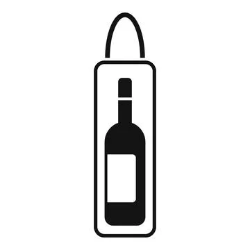 Simple black and white icon of a wine bottle inside a gift box with a handle, Illustration