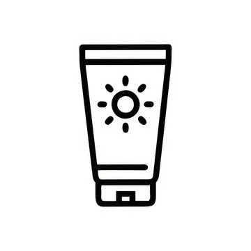 Simple black and white icon of sunscreen tube with sun symbol Stock Illustration
