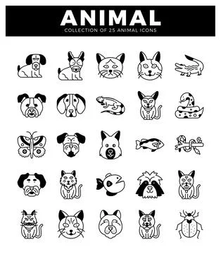 Simple black and white line art animal icons. Vector illustration on a whit.. Stock Illustration