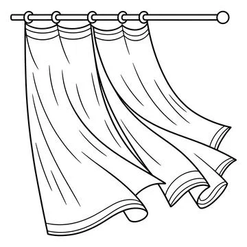 Simple black and white line drawing of curtains hanging on a rod Stock Illustration
