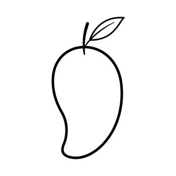 Simple black and white line of a single mango fruit with a leaf on a white .. Stock Illustration