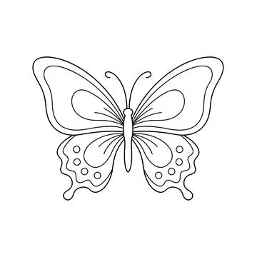 A simple black and white line of a butterfly with symmetrical wings, detail.. Stock Illustration