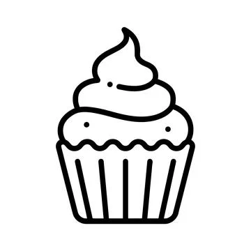 Simple black and white line of a single cupcake with a swirl of frosting on.. Stock Illustration