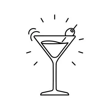 Simple black and white line of a martini cocktail glass with an olive, isol.. Stock Illustration