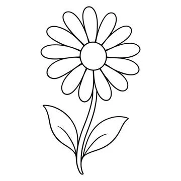 Simple black and white line of a single daisy flower with petals and two le.. Illustrazione stock