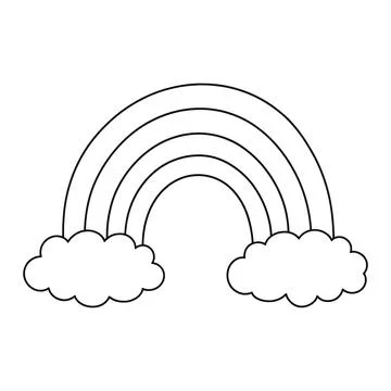 Simple black and white line of a rainbow arching between two fluffy clouds .. Stock Illustration