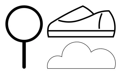 Simple black and white outlines of a lollipop, a low-top shoe, and a cloud. I Stock Illustration