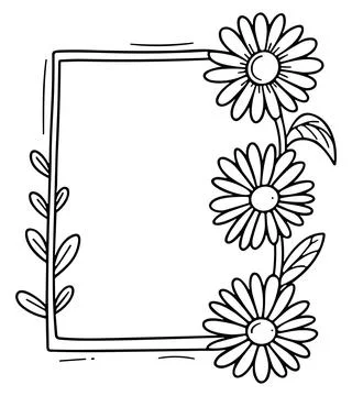 Simple black and white rectangular frame drawing featuring three daisies Stock Illustration