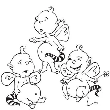 Simple black and white smiling baby elfs Stock Illustration