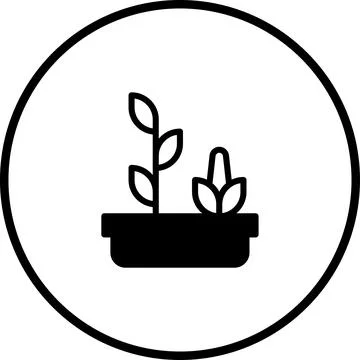Simple black and white vector drawing of plants in a planter within a circle Illustrazione stock