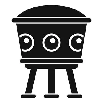 Simple black and white vector icon of a retro alien spaceship landing on tr.. Stock Illustration