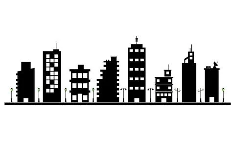 This simple black and white vector illustration depicts a stylized urban skyl Stock Illustration
