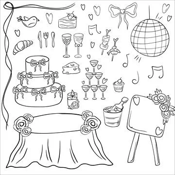 Simple black and white wedding icons in doodle style. Wedding, cake, table,.. Stock Illustration