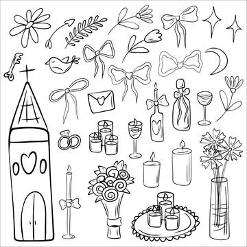 Simple black and white wedding icons in doodle style. Wedding, cake, table,.. Stock Illustration