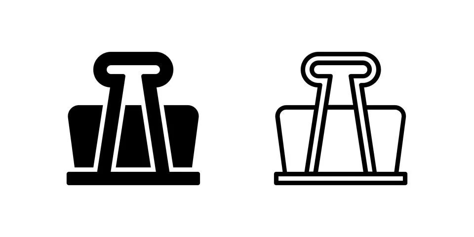 Simple black binder clip vector icon set, perfect for office and stationery Illustrazione stock
