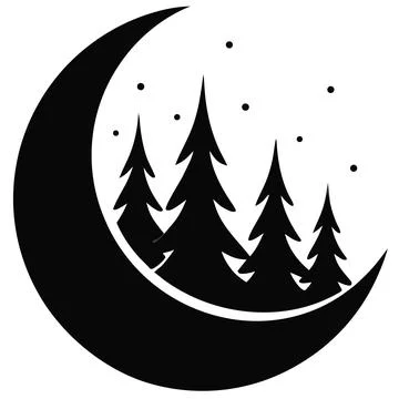 Simple black crescent moon and evergreen pine trees in black and white wint.. Stock Illustration