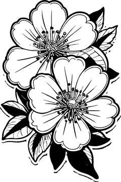 Simple black graphic drawing of cherry blossom without background, decor el.. Stock Illustration
