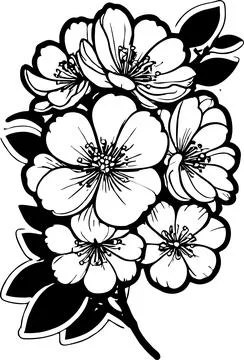 Simple black graphic drawing of cherry blossom without background, decor el.. Stock Illustration