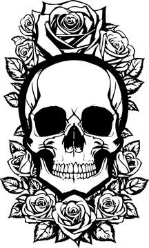 Simple black graphic drawing of a human skull, logo, tattoo Stock Illustration
