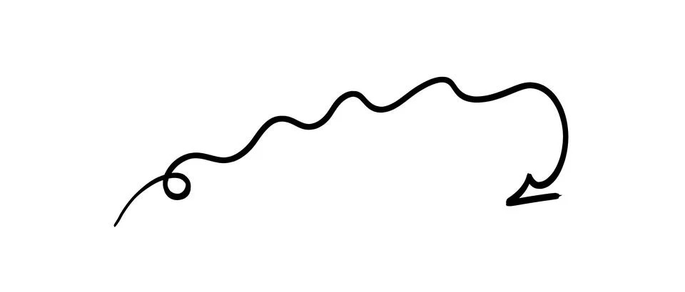 A simple, black, hand-drawn arrow with a wavy path and a distinct swirl Stock Illustration