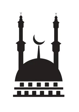 A simple black icon featuring a central dome, two tall flanking towers, and a Ilustración de archivo