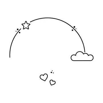 Simple black line of an arched rainbow shape with a star, a cloud, and two .. Stock Illustration