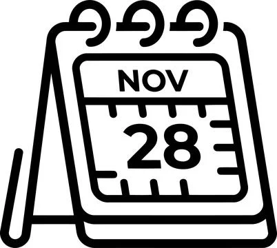 Simple black line art icon of a desk calendar showing November 28, isolated.. Illustrazione stock