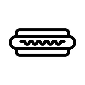 A simple black line art icon of a hot dog with mustard on a bun. Stock Illustration