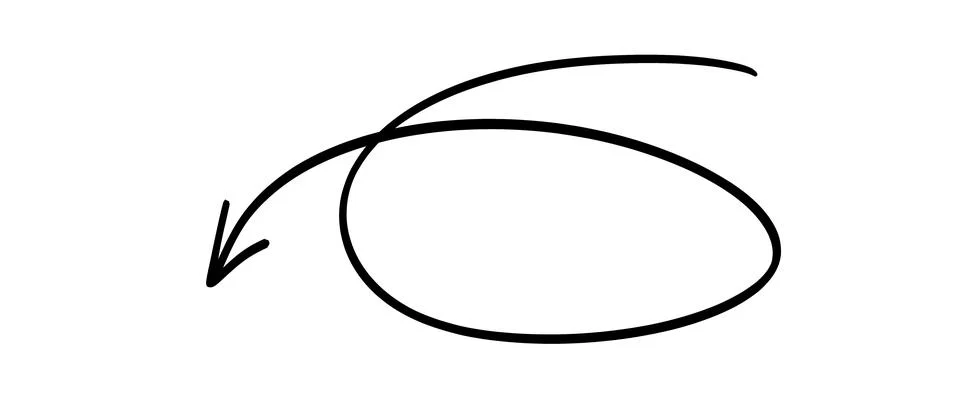 A simple black line drawing features a curved arrow pointing downwards Illustrazione stock