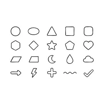 Simple black line of geometric shapes hearts stars and arrows in a grid lay.. Stock Illustration