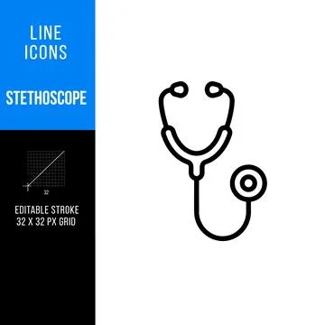 Simple black line icon of a stethoscope on a white background, representing.. Stock Illustration