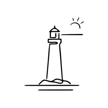 Simple black line of a lighthouse on a rocky shore with a rising sun in the.. Stock Illustration