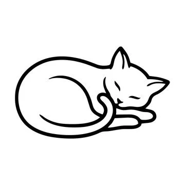Simple black line of a sleeping cat curled up in a ball, isolated on a whit.. Stock Illustration