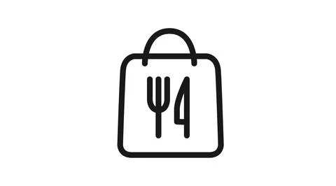 Simple black line take away bag with fork and knife icon Stock Illustration