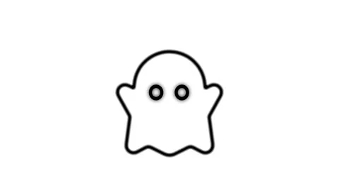A simple black outline ghost icon on a white background, with glowing eyes,.. Stock Footage 345547766