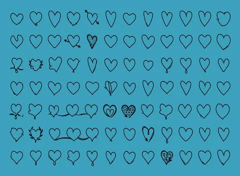 Simple black outline hand drawn heart icons on plain blue background vector. 스톡 일러스트