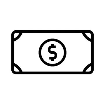 A simple black outline icon of a dollar bill for financial applications. Stock Illustration