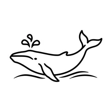 A simple black outline of a whale breaching the water surface with a water .. Stock Illustration