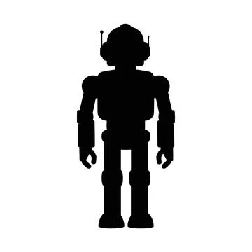Simple black robot silhouette standing upright with mechanical arms and leg.. Stock Illustration