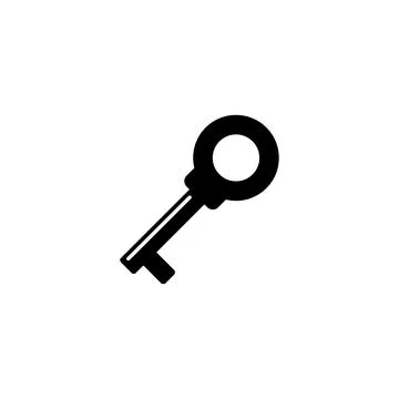 A simple, black silhouette of a key on a plain white background, representing Illustration