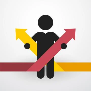 Simple black silhouette of a man with two color arrows Illustrazione stock
