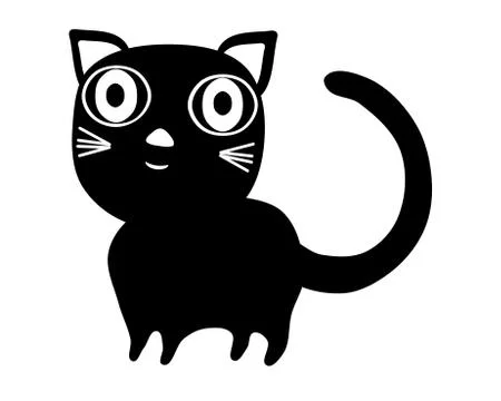 Simple black stylized cat with big eyes isolated on white Stock Illustration