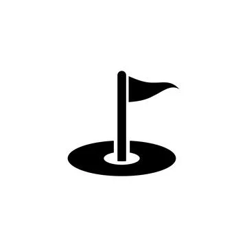 Simple black vector icon of a golf flag in a hole, representing a golf cour.. Stock Illustration