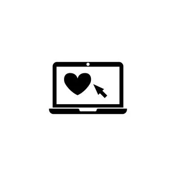 Simple black vector icon of a laptop with a heart and cursor on screen. Stock Illustration