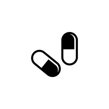 Simple black vector icon of two capsule pills, representing medication and .. Stock Illustration