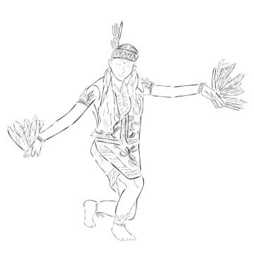 Simple Black Vector Outline Sketch, Dayak Traditional Enggang Bird Dancer, Ea Stock Illustration
