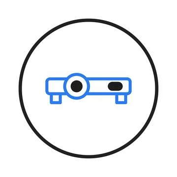 A simple blue and black projector icon inside a circular frame represents p.. Stock-Illustration