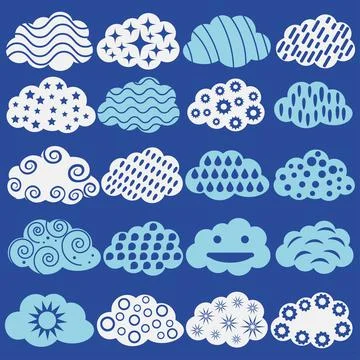 Simple blue and white abstract vector cloud collection. Cute cloud bundle. Ilustración de archivo